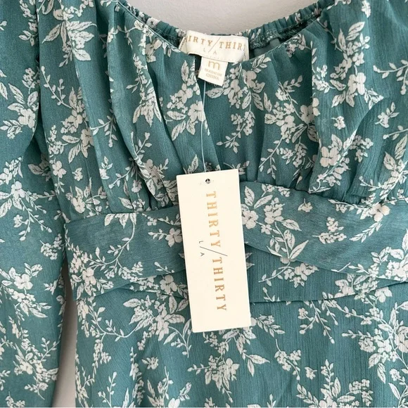 Thirty/Thirty green white Floral Off-The-Shoulder mini Dress Women’s size M - Picture 4 of 10